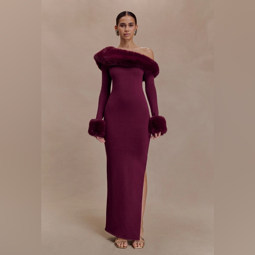 Meshki- Karleigh Faux Fur Knit Maxi Dress - Plum